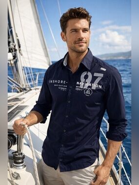 Gaastra Nautical Graphic Button Up Navy Navigation Supplies Sz L Sailing Maritim